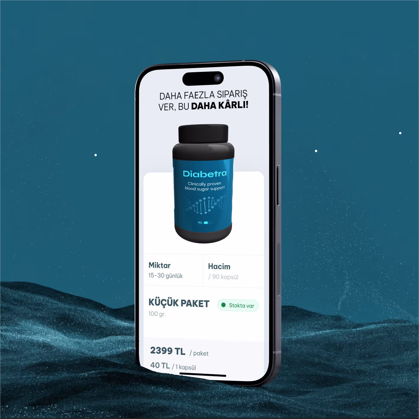 Смартфон показує пляшку Diabetra з таблетками для підтримки цукру в крові, ціна 2399 турецьких лір за пакет.