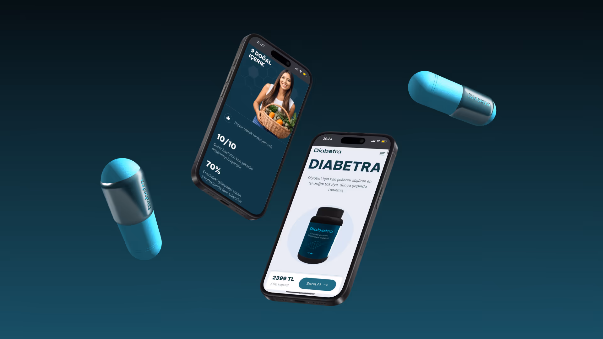 Два смартфони з рекламою добавки Diabetra для зниження рівня цукру в крові та дві синьо-сірі капсули на темному фоні.