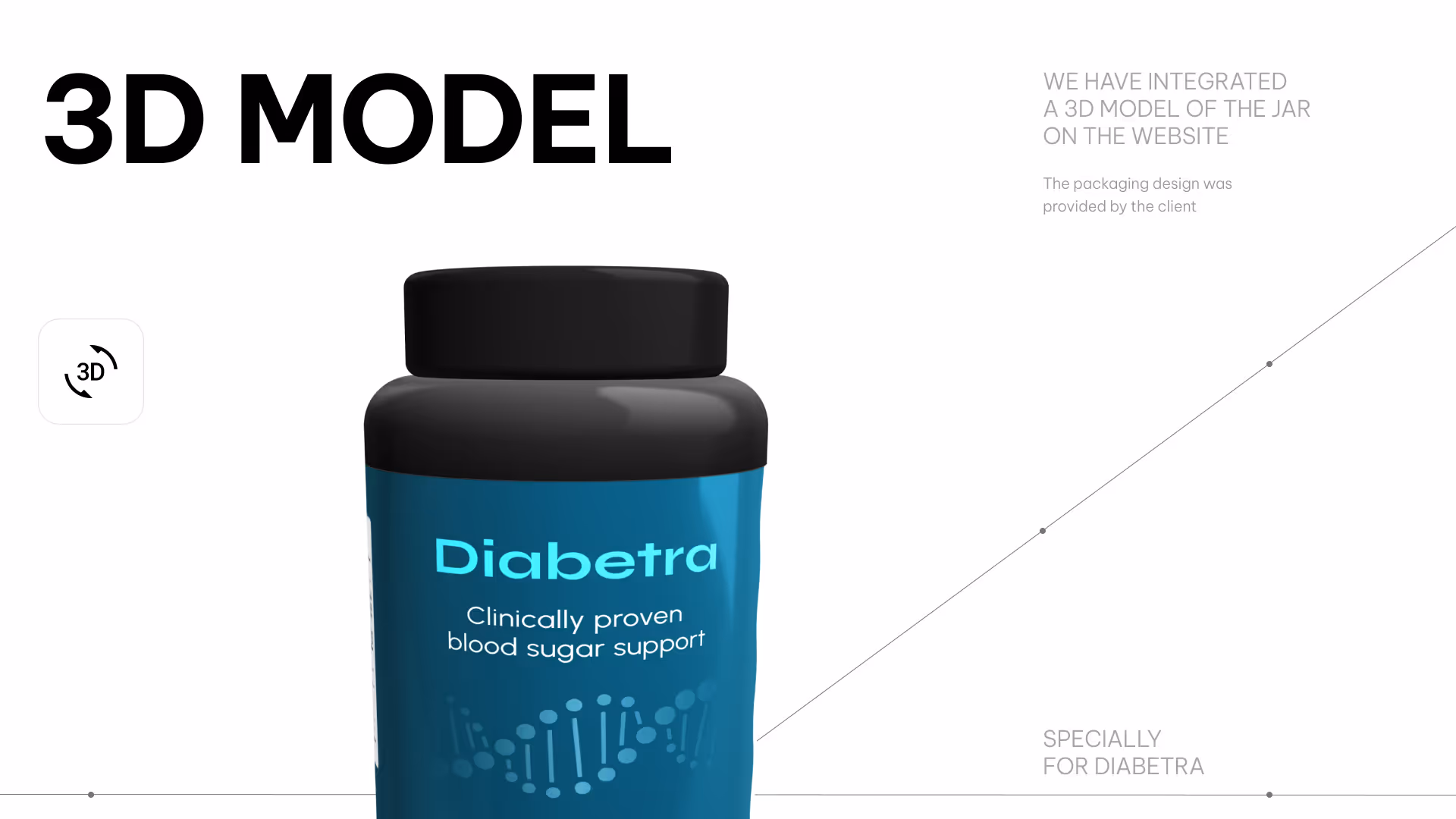 3D модель пляшки добавки Diabetra для підтримки рівня цукру в крові.