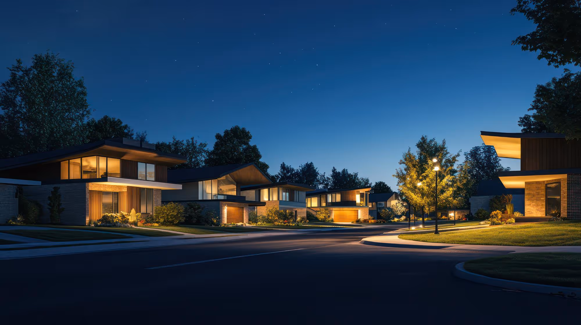 A quiet suburban street at night with modern houses illuminated by streetlights.