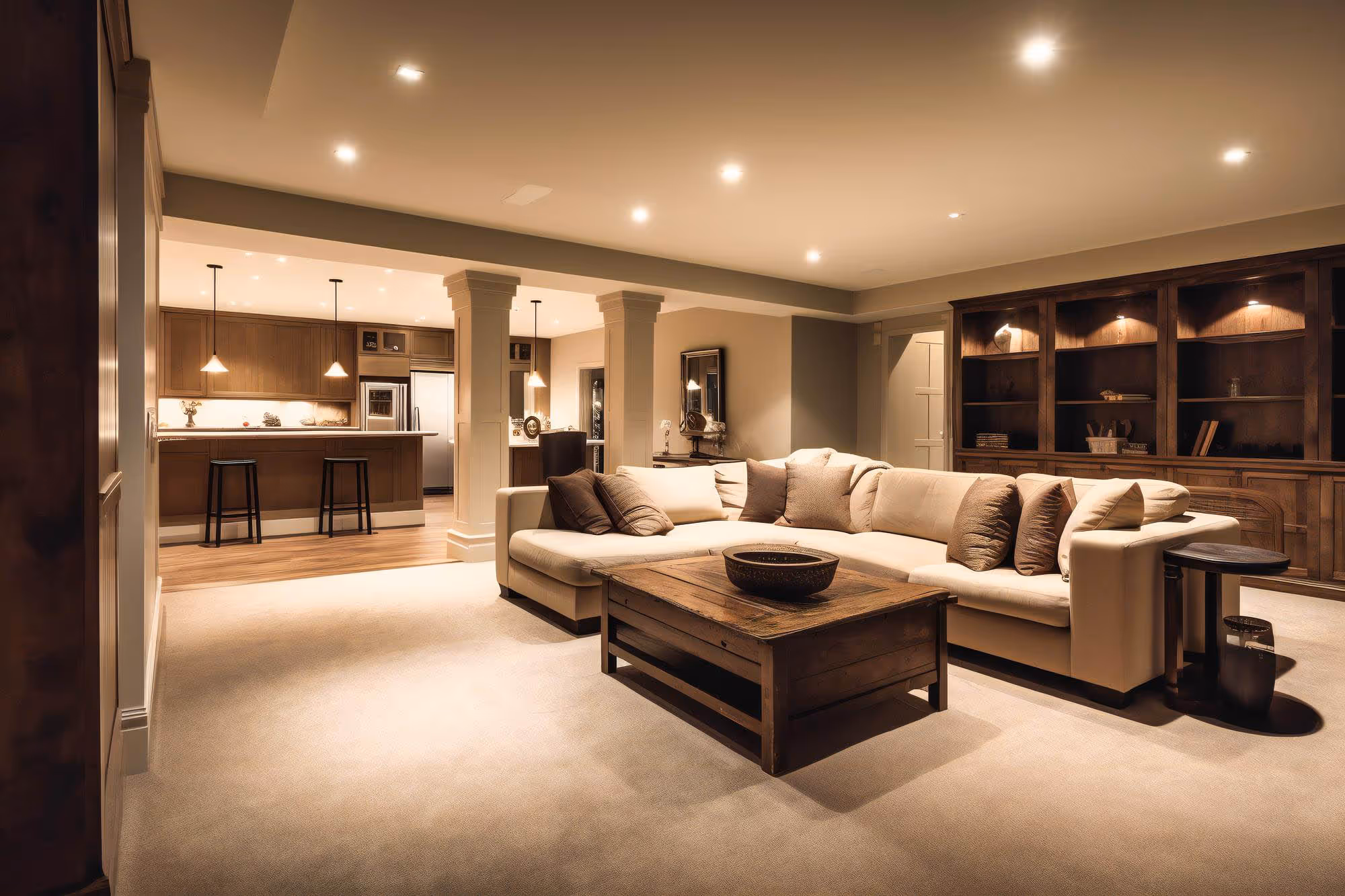 A spacious living room with a large beige sectional sofa, wooden coffee table, and built-in bookshelf.