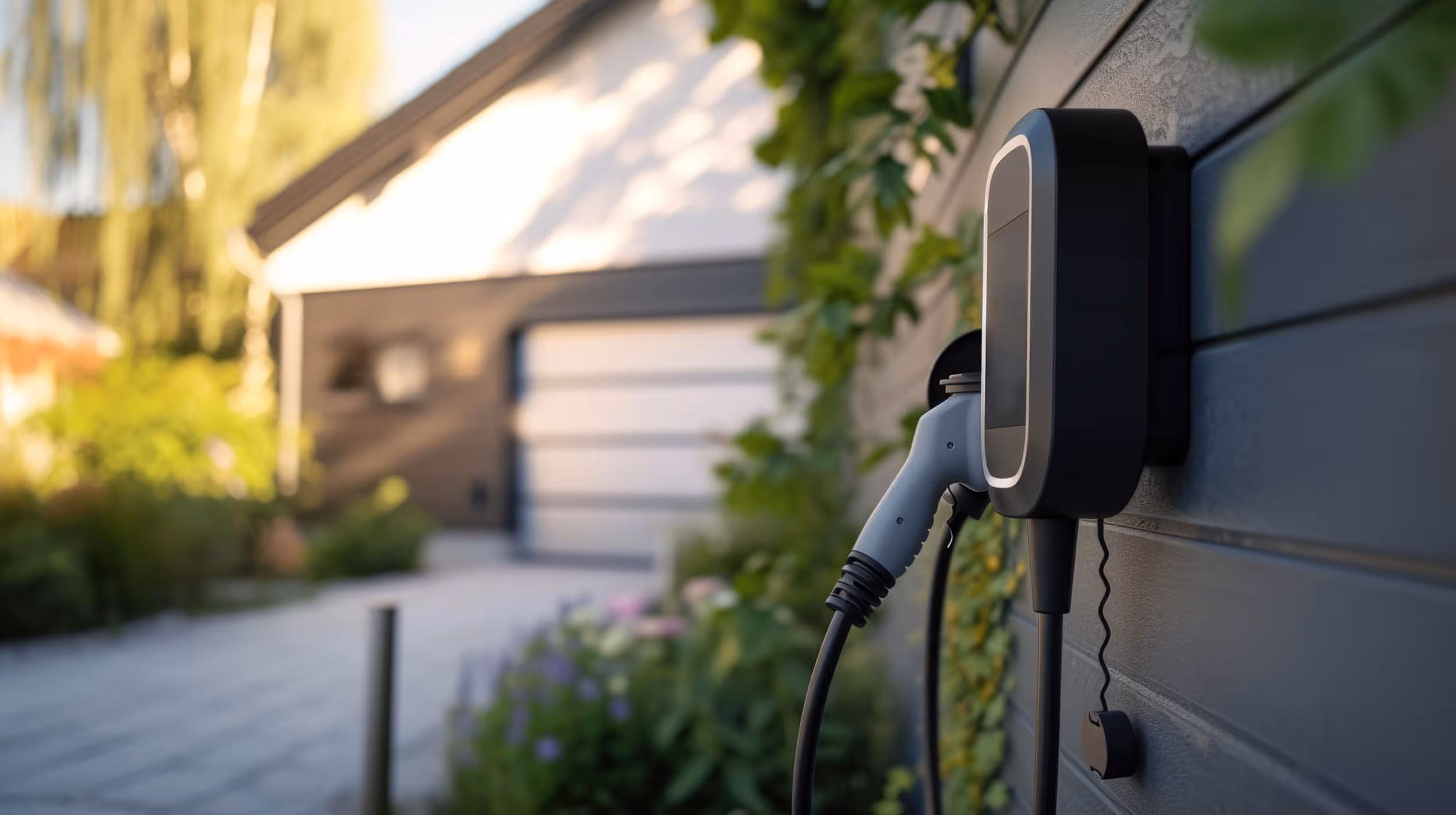 A charging cable is plugged into an electric vehicle charger mounted on a house wall.