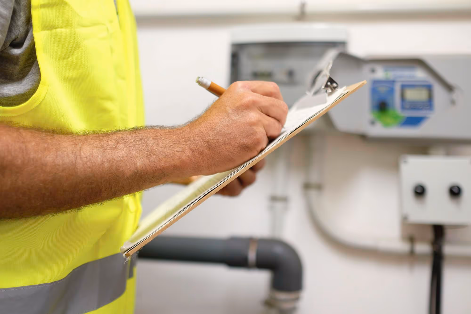 A person in a yellow vest writes on a clipboard, inspecting electrical equipment.