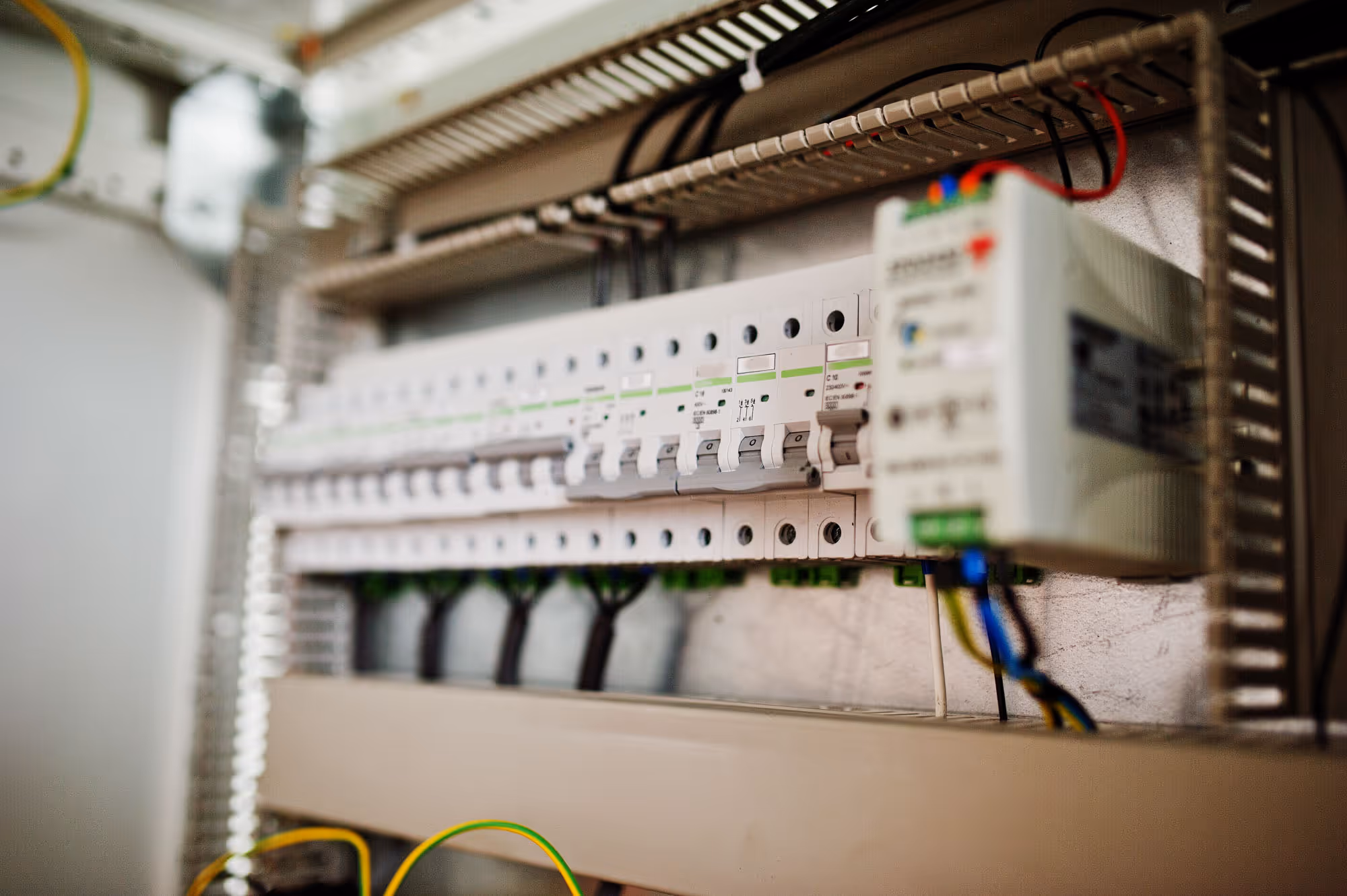 A close-up of an electrical circuit breaker panel with multiple switches and wires.