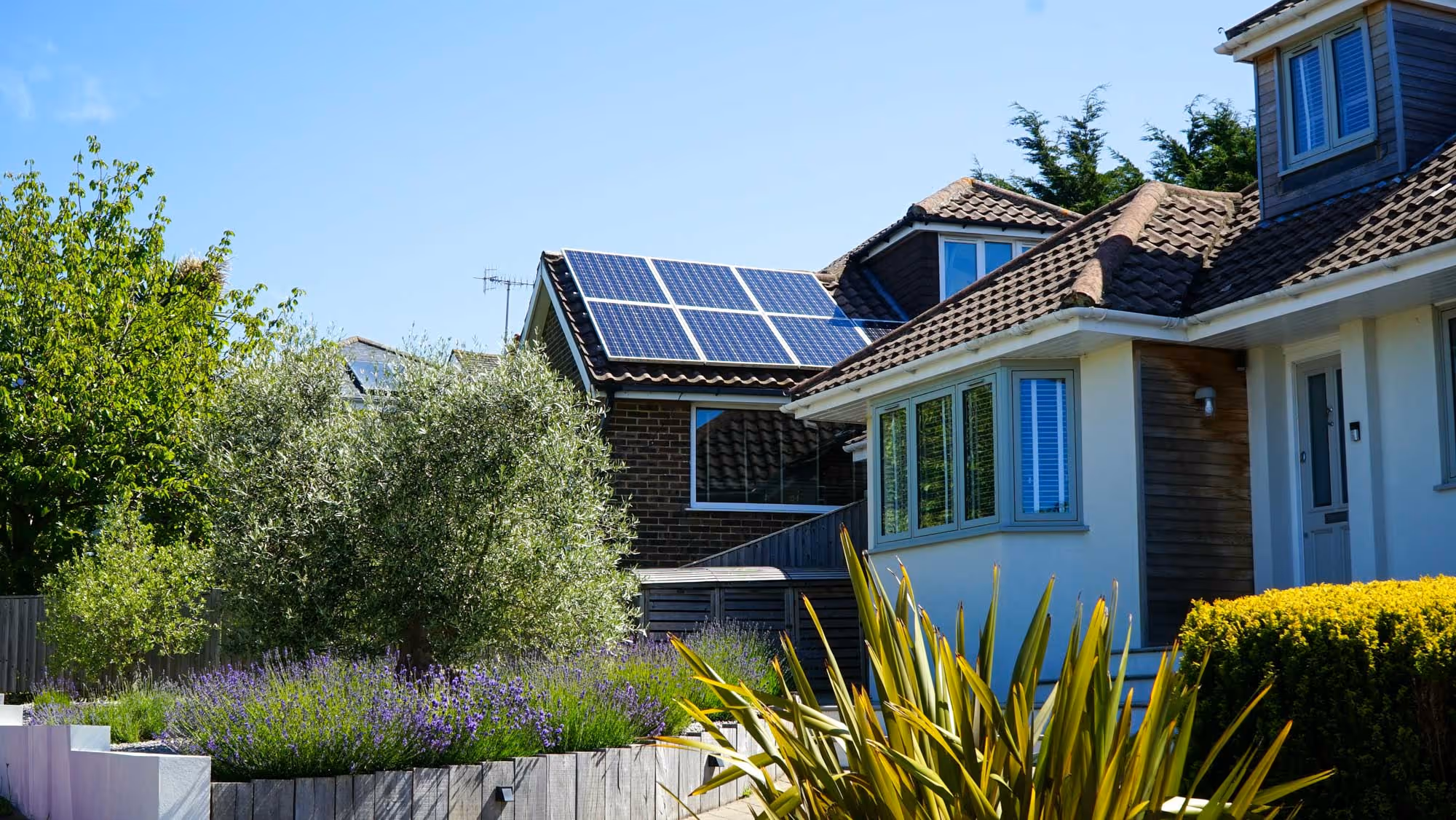 House with solar panels on roof surrounded by trees and plants under a clear blue sky.