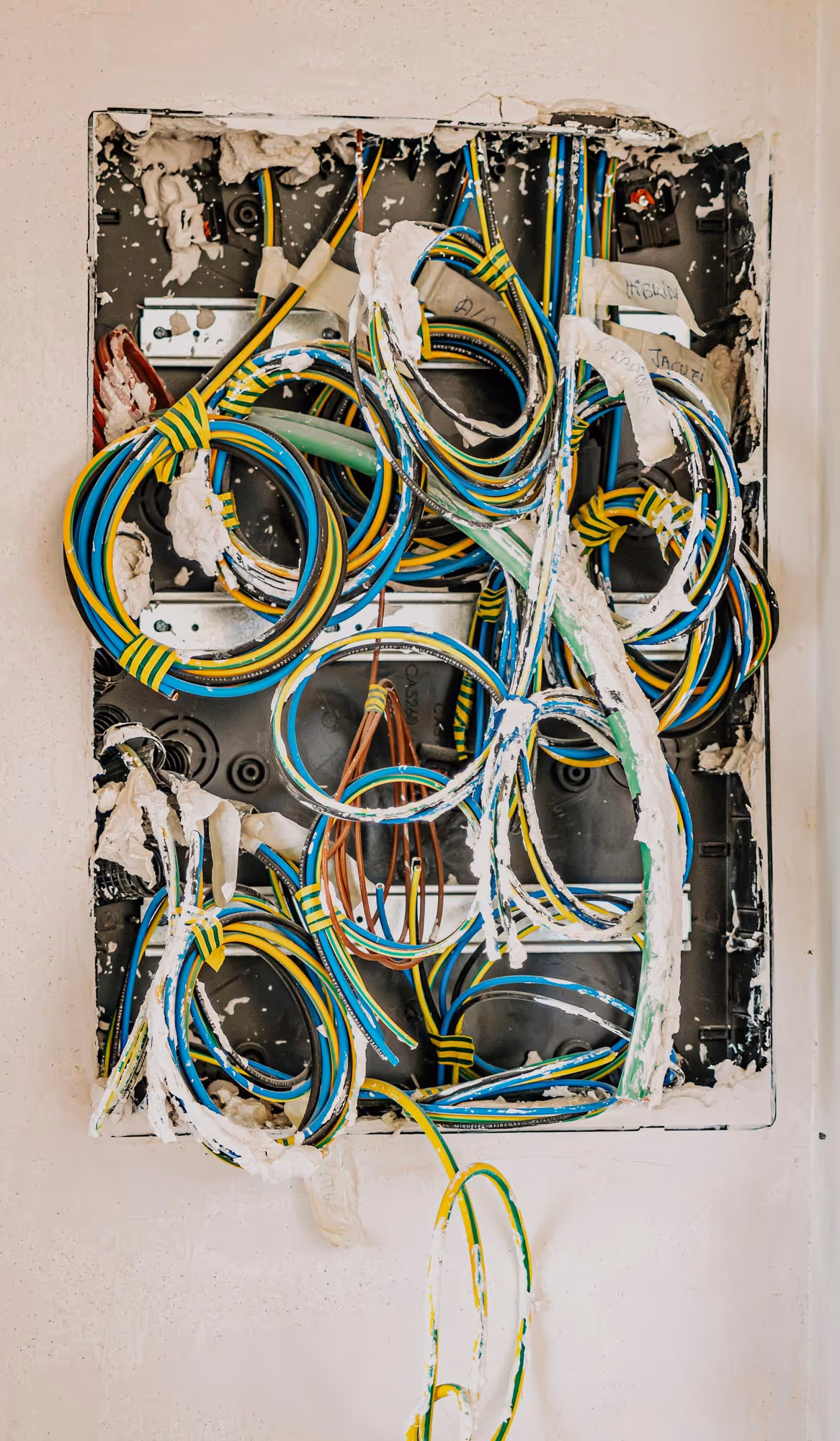 A wall electrical panel with tangled, multicolored wires and exposed insulation is displayed.