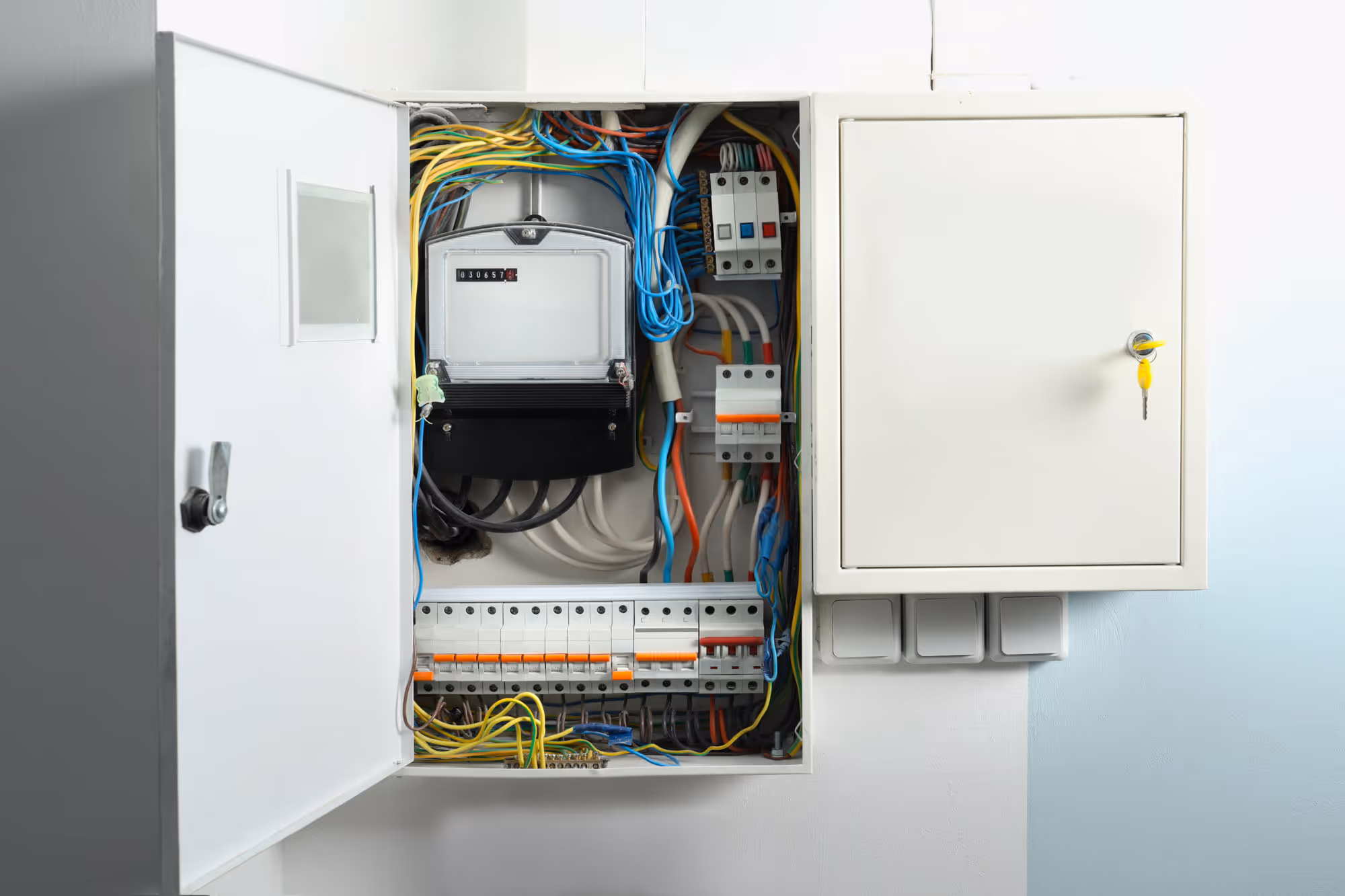 Open electrical panel with colorful wires and switches visible inside.