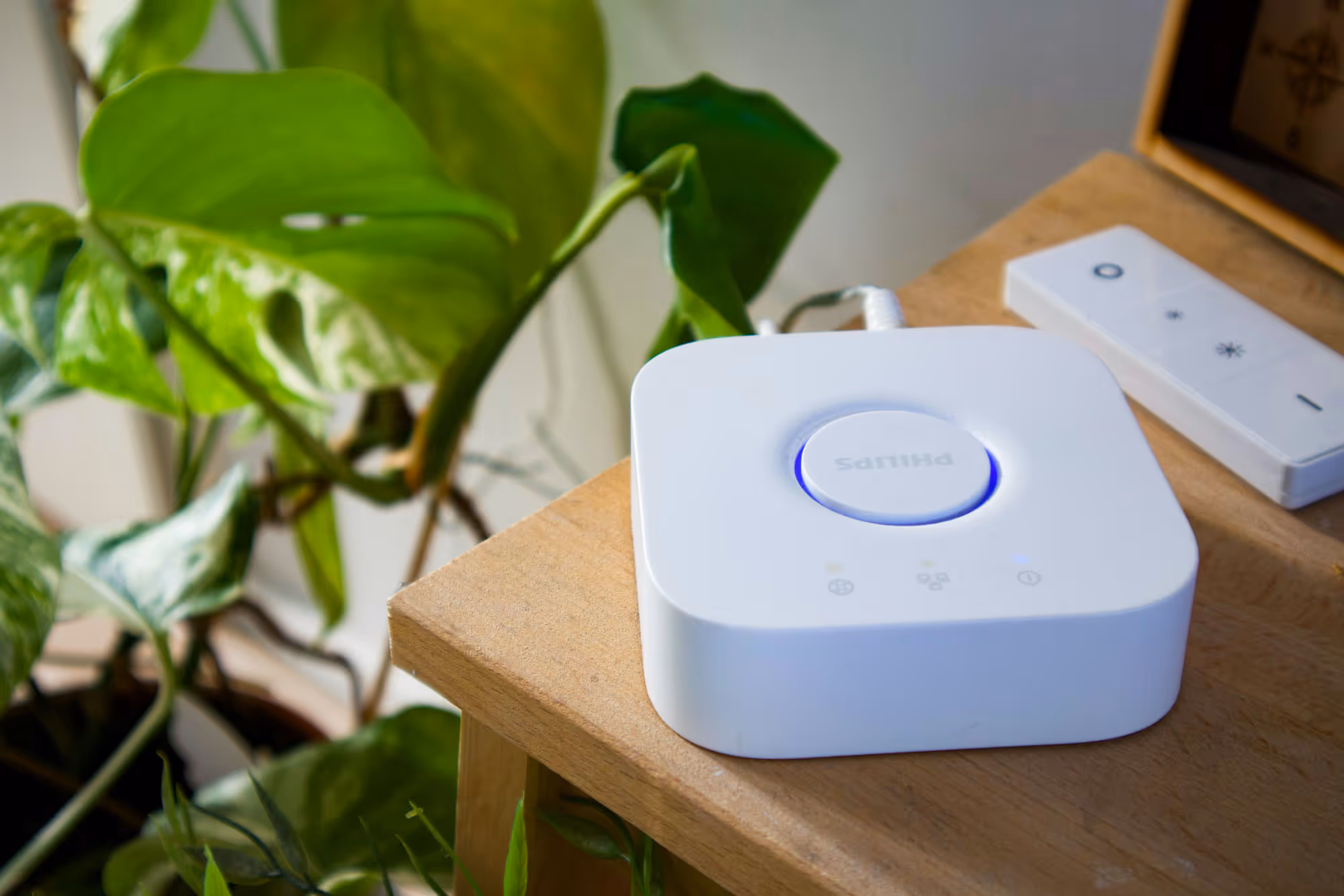 A smart home hub sits on a wooden table next to a remote and a houseplant.