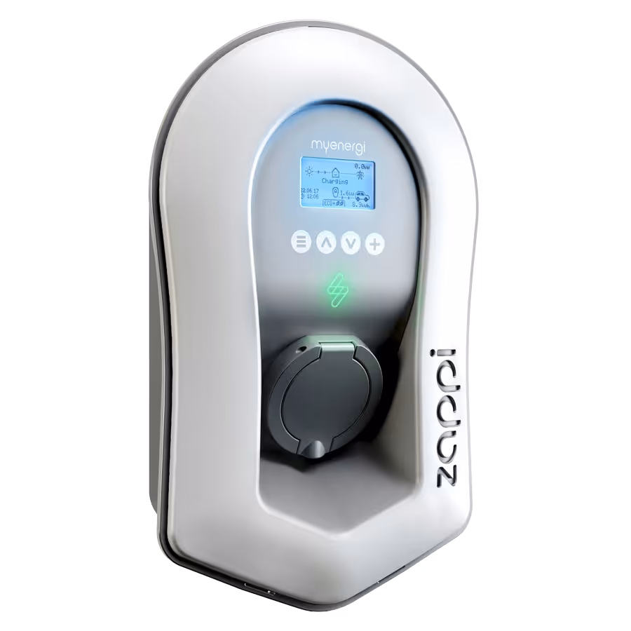 A white electric vehicle charger with a digital display and a plug socket on the front.