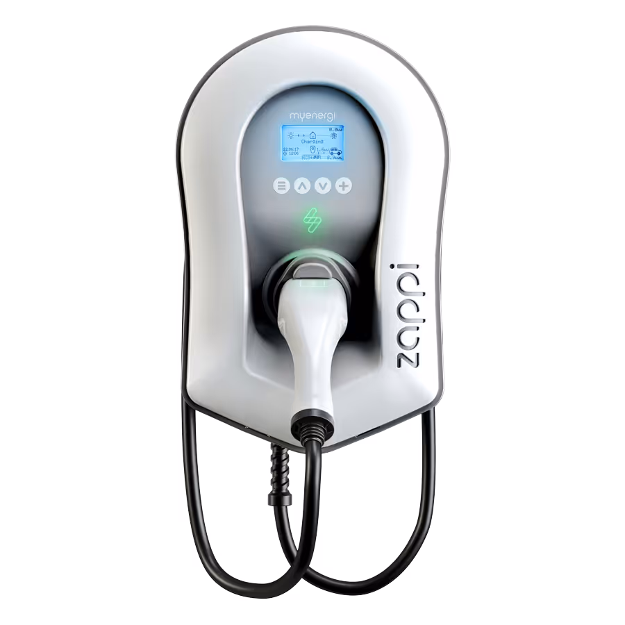 A white electric vehicle charging station with a plug inserted and a digital display screen.