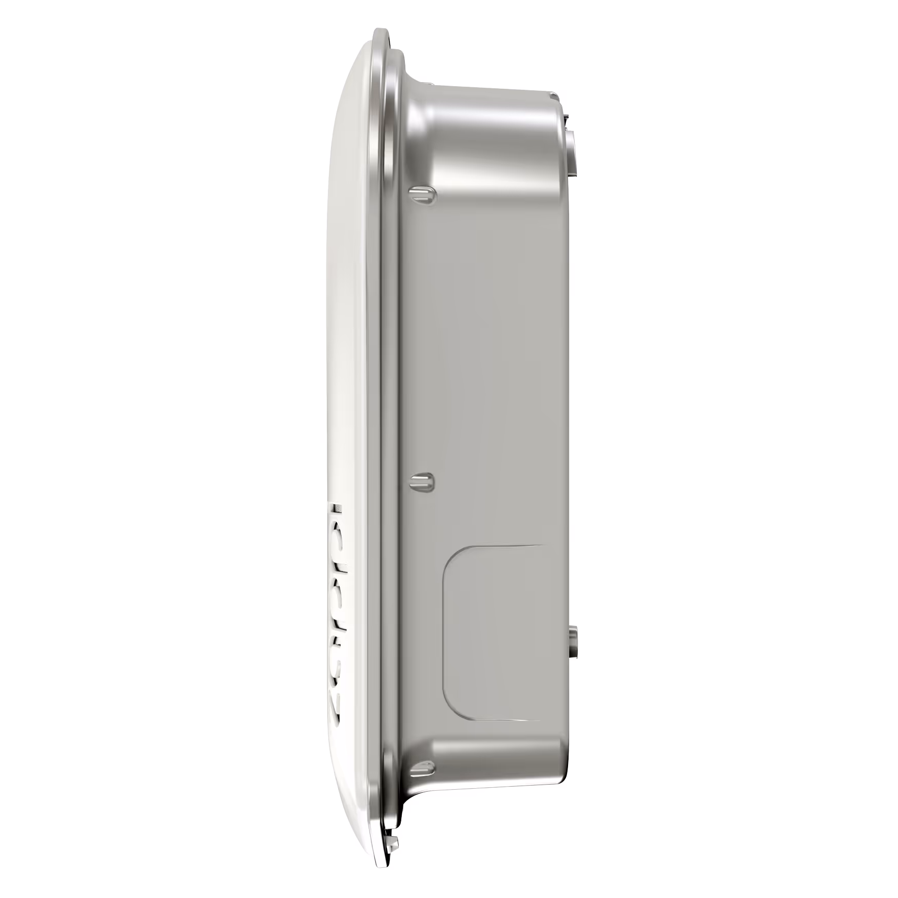 Side view of a metallic device with buttons on the side, likely an electronic appliance.