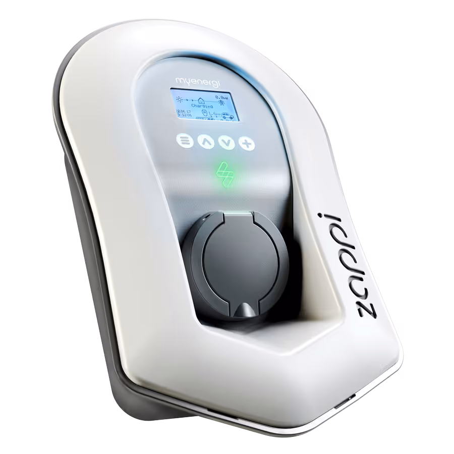 A white Zappi electric vehicle charger with a digital display and simple control buttons.