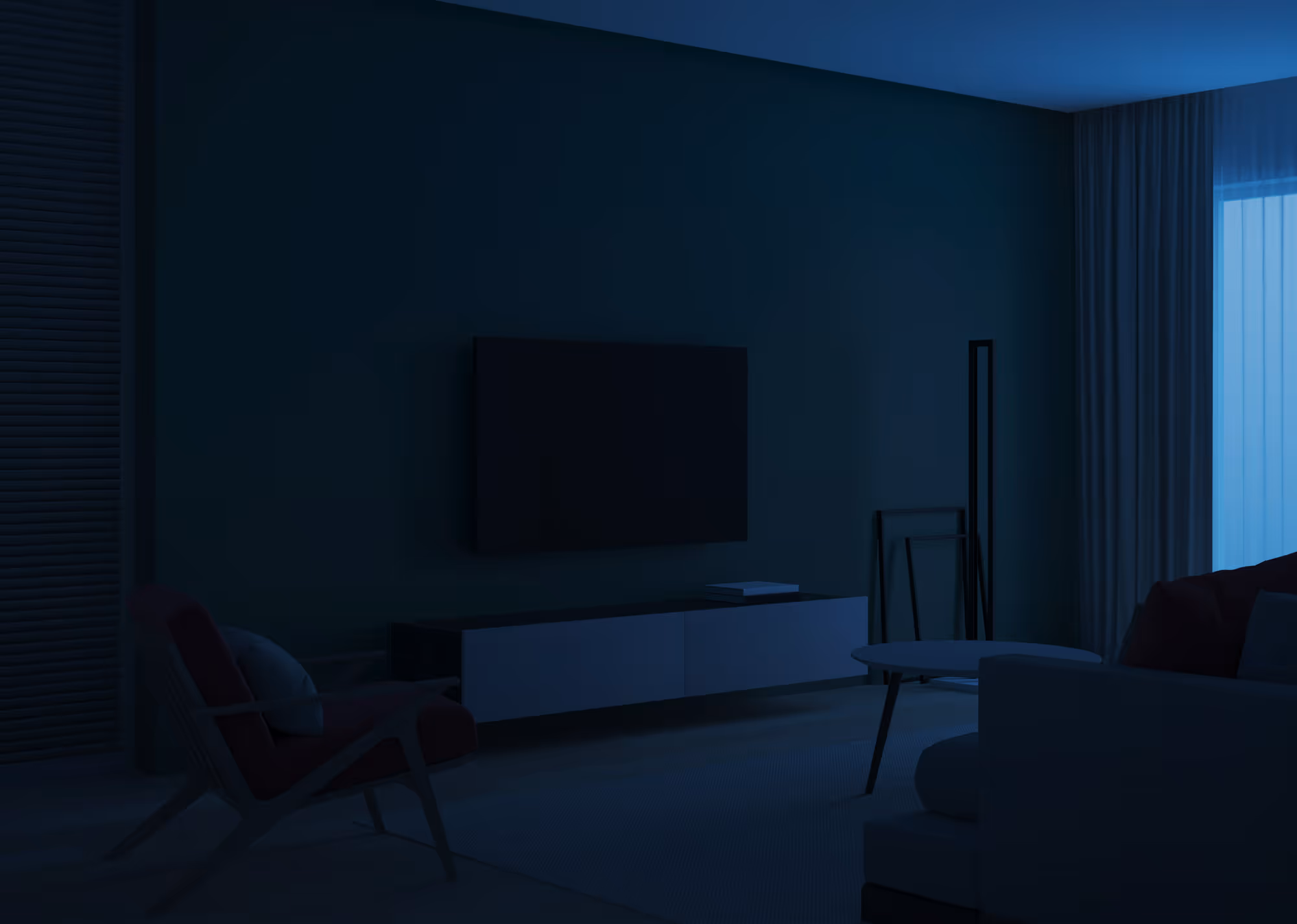A dark living room with a wall-mounted TV and modern furniture.