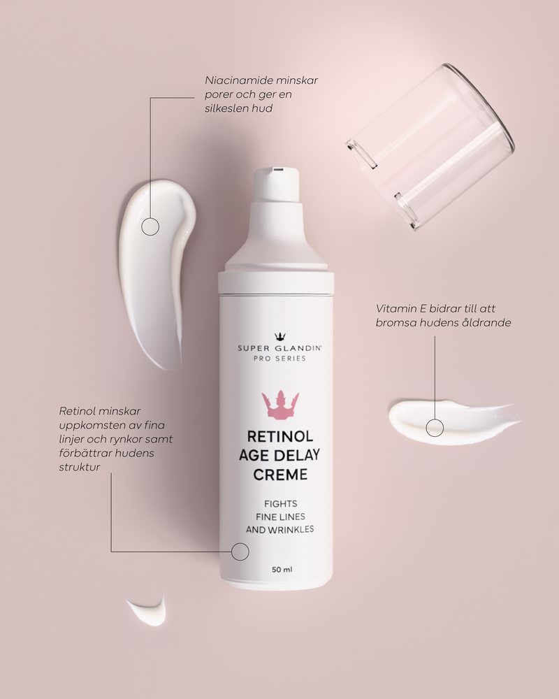 Retinol Age Delay Creme med krämprov på rosa bakgrund