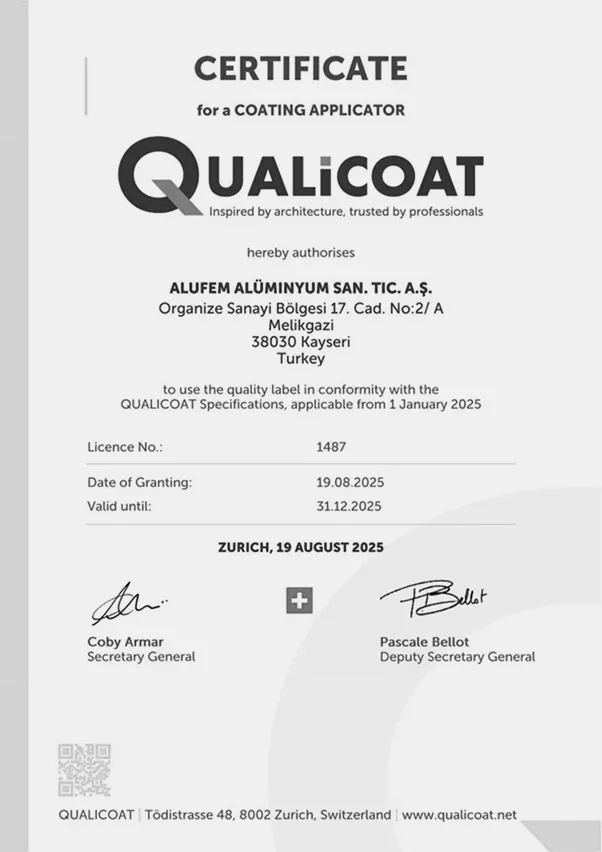 QUALICOAT certificate for ALUFEM confirming compliance with aluminum powder coating quality standards.