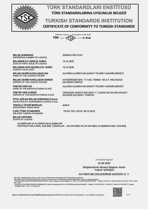 Certificate of conformity from the Turkish Standards Institution (TSE) for ALUFEM aluminum profiles and products.