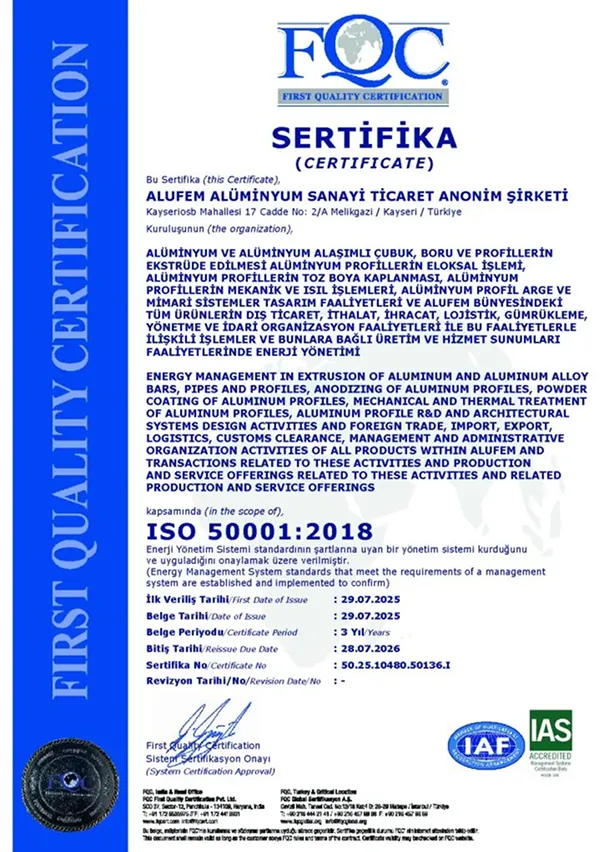ISO 50001:2018 energy management system certificate for ALUFEM, issued by First Quality Certification (FQC).