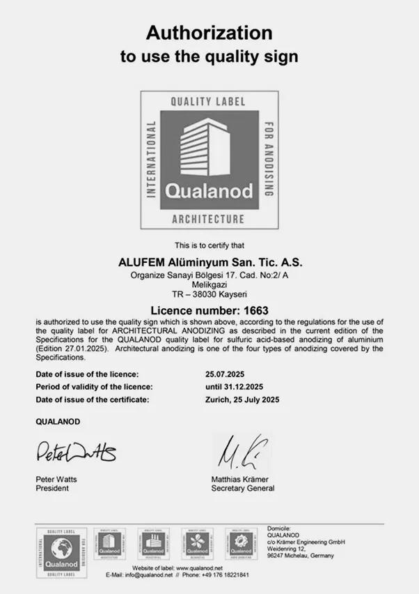 QUALANOD authorization certificate granting ALUFEM the right to use the quality label for aluminum anodizing.