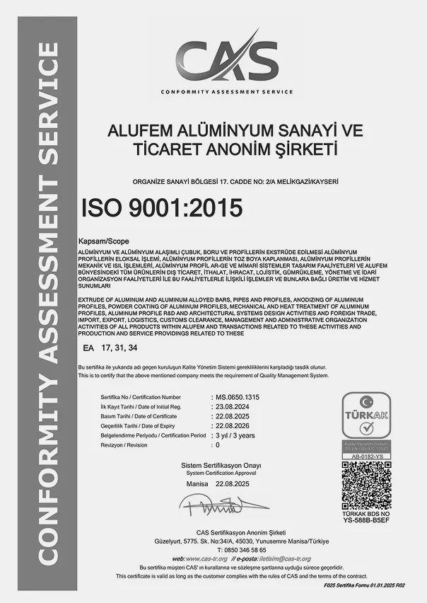 ISO 9001:2015 quality management system certificate for ALUFEM Alüminyum Sanayi ve Ticaret A.Ş., issued by CAS.