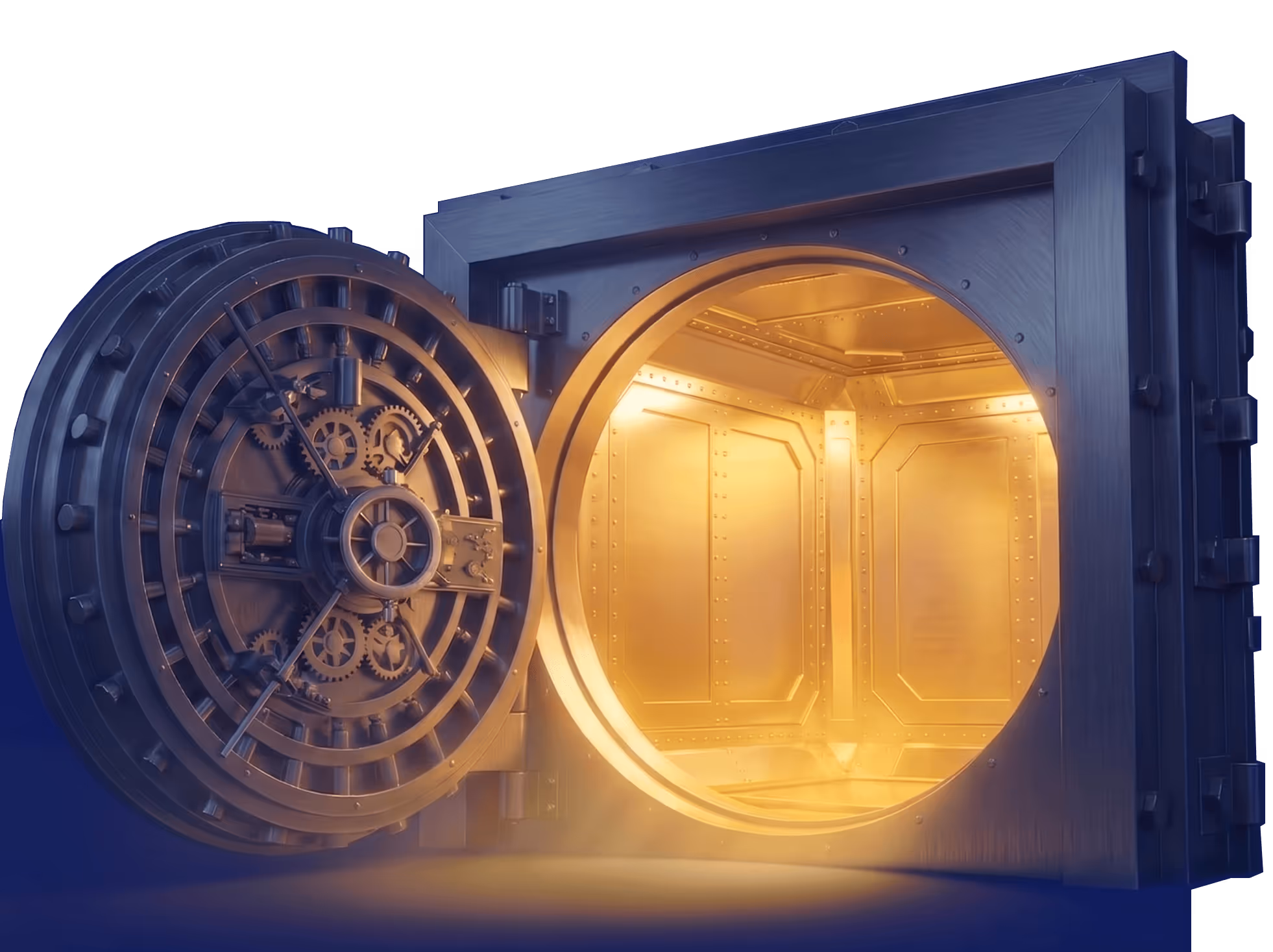 Open heavy metal vault door with bright golden light shining from inside.