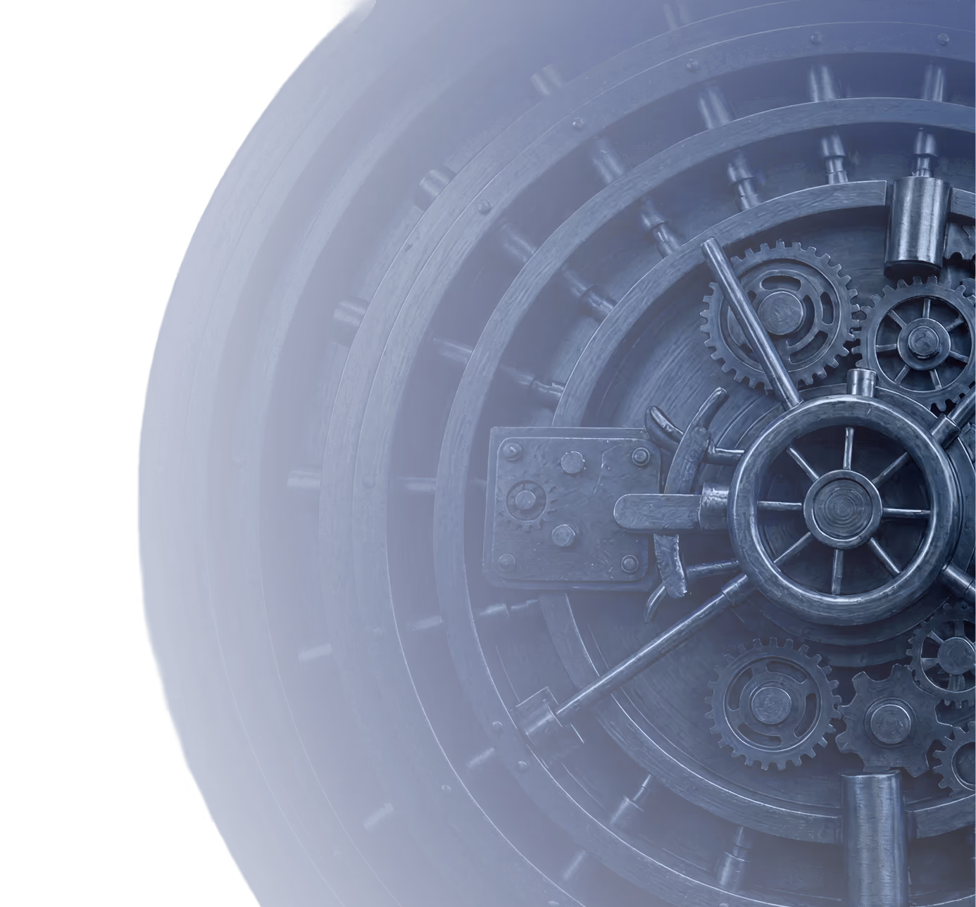 Close-up of a large metal vault door with visible gears and locking mechanisms.