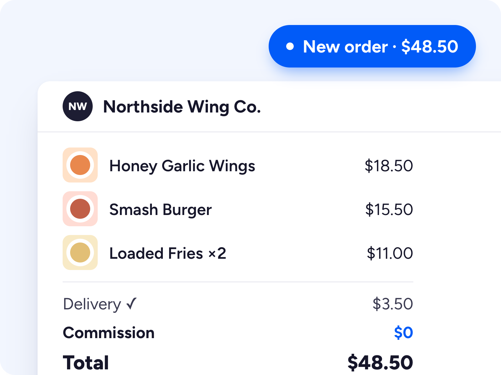 A restaurant's own online ordering page with a cart showing $0 commission
