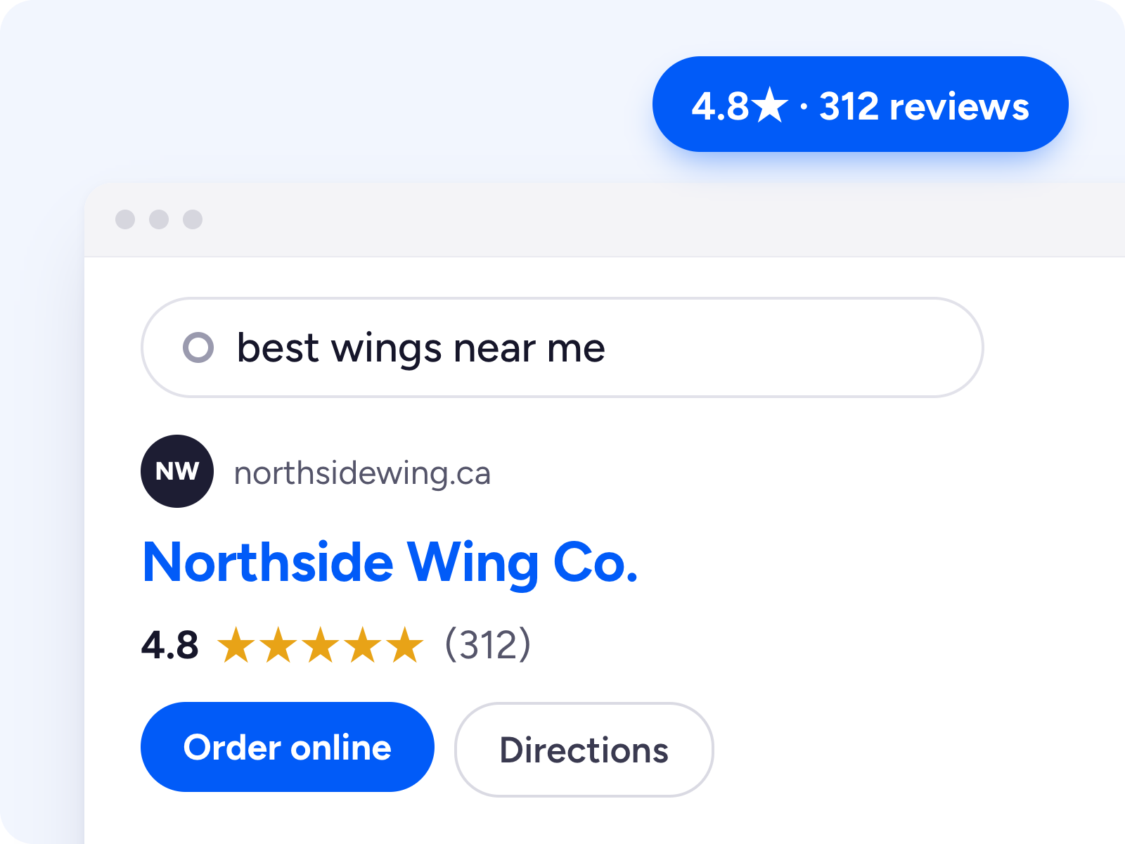 A restaurant showing up in a Google search with a 4.8 star rating, an Order online button and an owner reply to a review