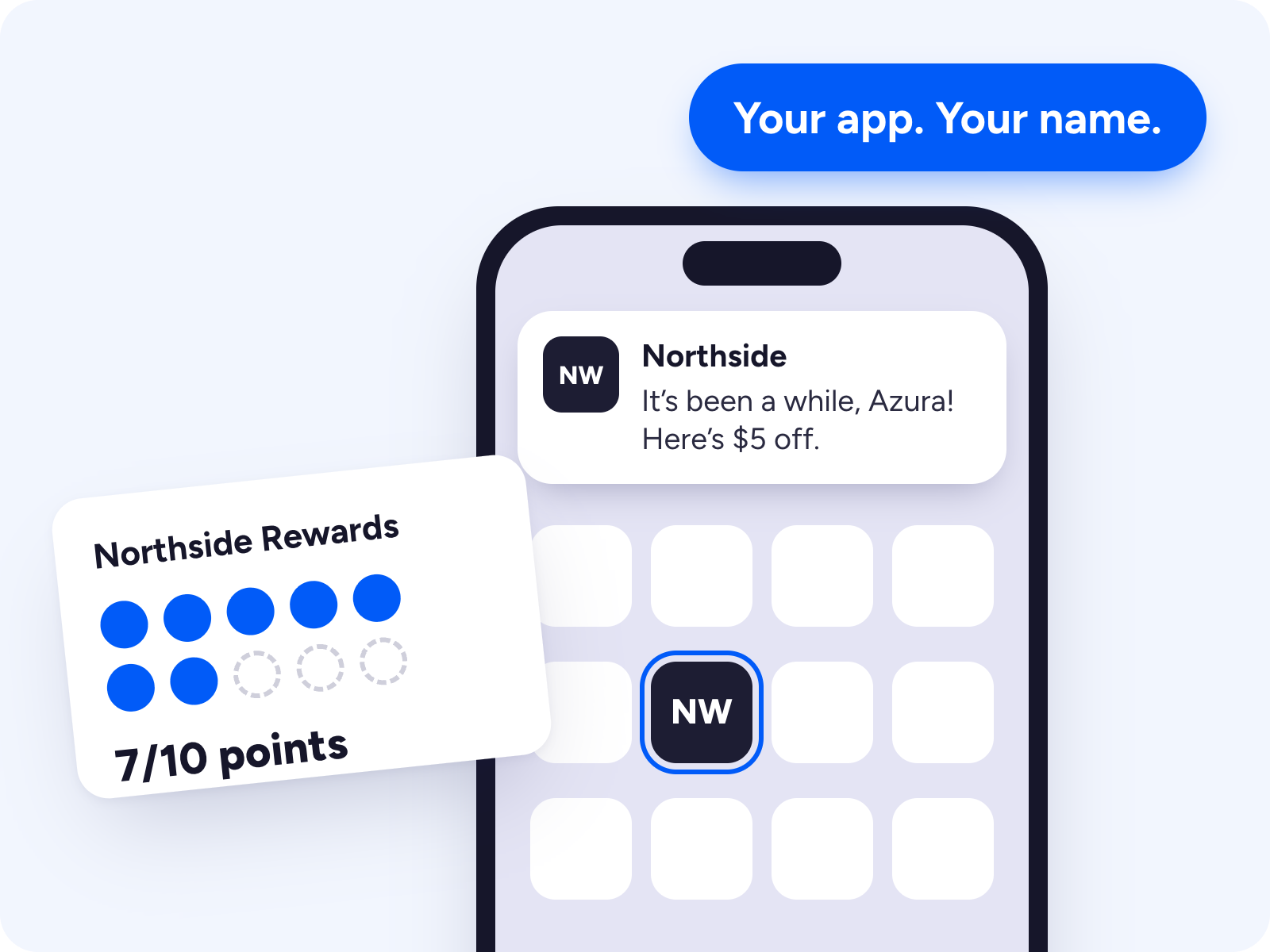 The restaurant's branded app on a phone home screen with a push offer and a rewards card