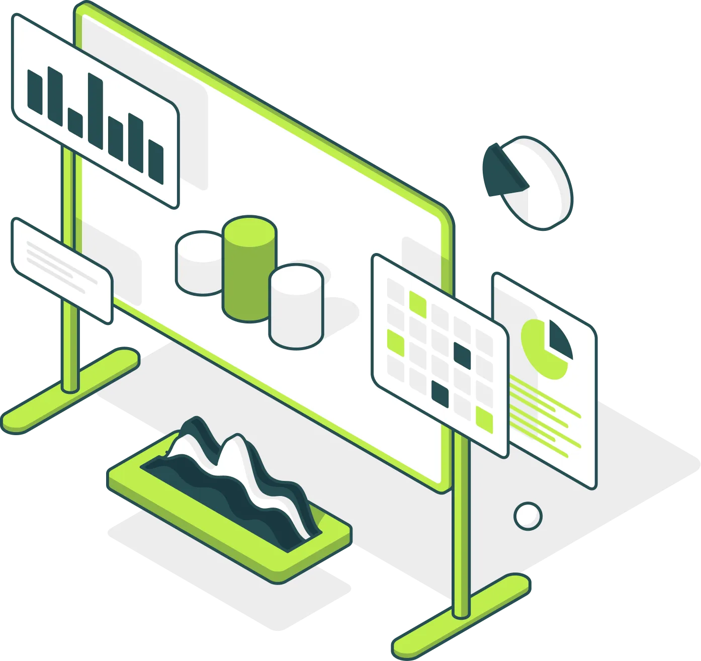Isometric illustration of a digital board showing charts, graphs, and data visualizations.