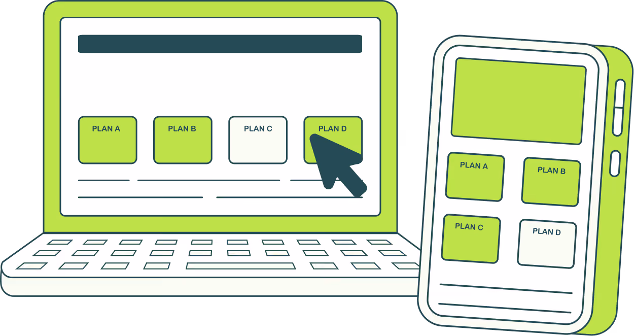 Laptop and smartphone screens with Plan A, B, C, and D options; cursor clicks Plan D on laptop.
