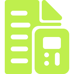 Icon of a green document with a folded corner next to a calculator, symbolizing energy calculation or energy guide.