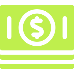 Stack of green cash bills with a dollar sign in a circle on the top bill.