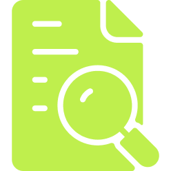 Green document icon with horizontal lines and a magnifying glass over the lower right corner, symbolizing search or review.