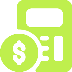 Green icon of a calculator with a dollar sign symbol in front, representing financial calculation or rate calculation.