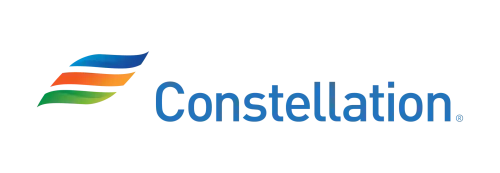 Constellation company logo featuring a stylized multi-colored swoosh design with blue, orange, green, and yellow segments to the left of the word 'Constellation.'