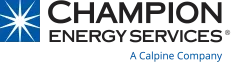 Champion Energy Services logo with a white starburst on a blue square background and the company name in blue text.