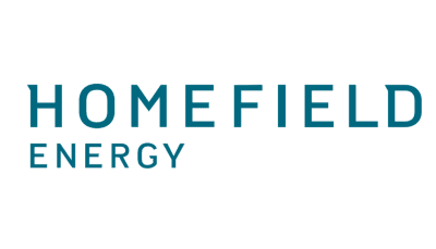 The text 'HOMEFIELD ENERGY' in uppercase letters with 'HOMEFIELD' larger and 'ENERGY' smaller below it, both in teal color on a transparent background.