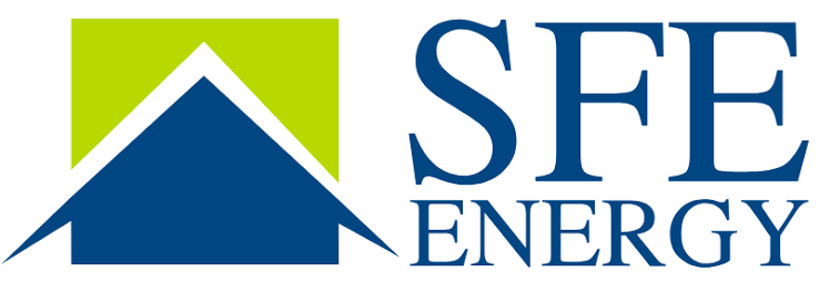 SFE Energy logo with a blue house shape beneath a green triangle and the text 'SFE ENERGY' in bold blue letters to the right.