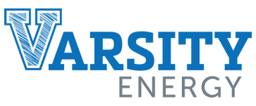 Logo with a large stylized blue letter 'V' followed by blue text 'ARSITY' and gray text 'ENERGY' underneath.