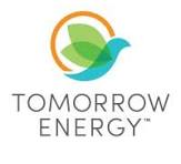 Logo of Tomorrow Energy featuring a stylized blue bird flying in front of three overlapping green leaves inside an orange circle, with the text 'TOMORROW ENERGY' below.