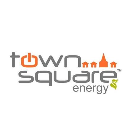 Town Square Energy logo with the letter O stylized as an orange power button, three orange house icons and a church steeple above the word 'square', and a green leaf next to 'energy'.