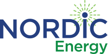 Nordic Energy logo with stylized text where the dot on the letter 'I' incorporates green radiating lines resembling energy or light.