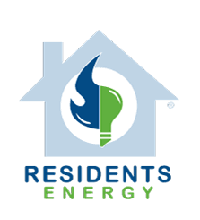 Logo of Residents Energy featuring a blue house outline, with a green light bulb and blue flame inside, and the text 'RESIDENTS ENERGY' below.