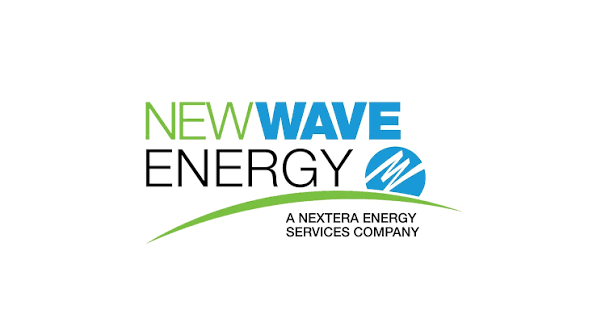 New Wave Energy logo with text in green, blue, and black, featuring a blue circle with a white wave design and a green curved line below, stating 'A NextEra Energy Services Company'.