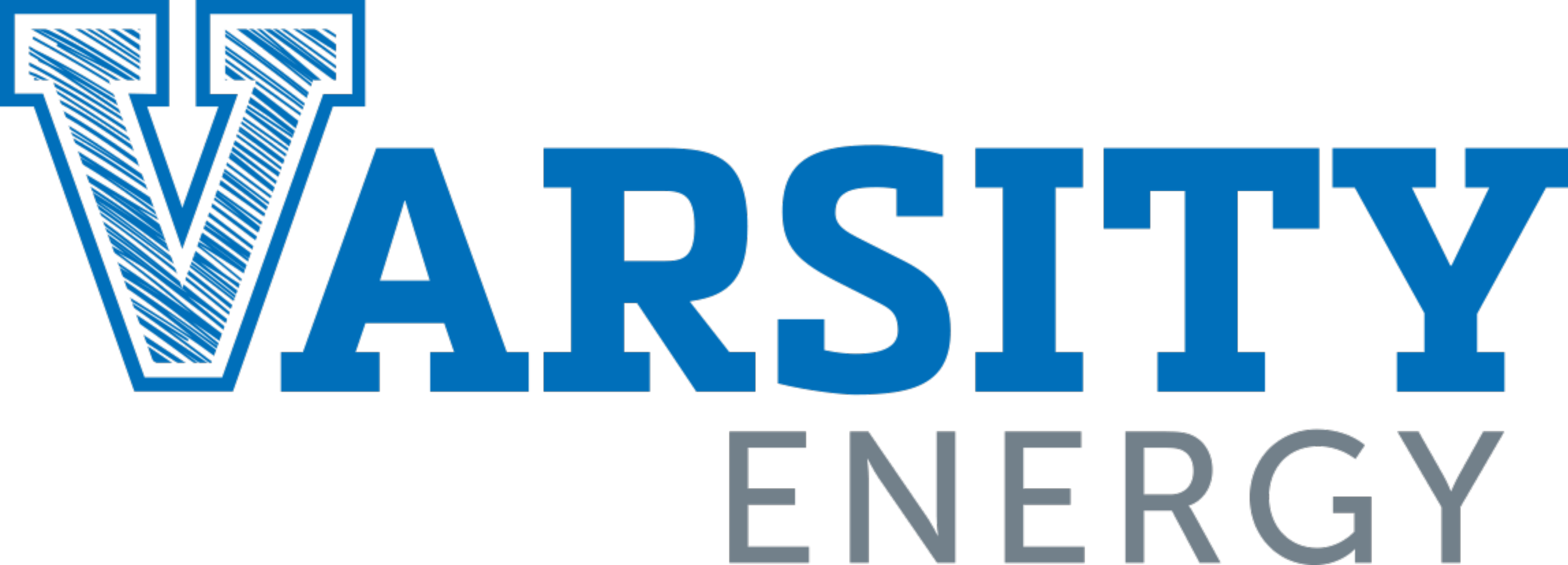 Logo with large blue text 'VARSITY' where the letter V has diagonal hatch lines, and smaller gray text 'ENERGY' below.