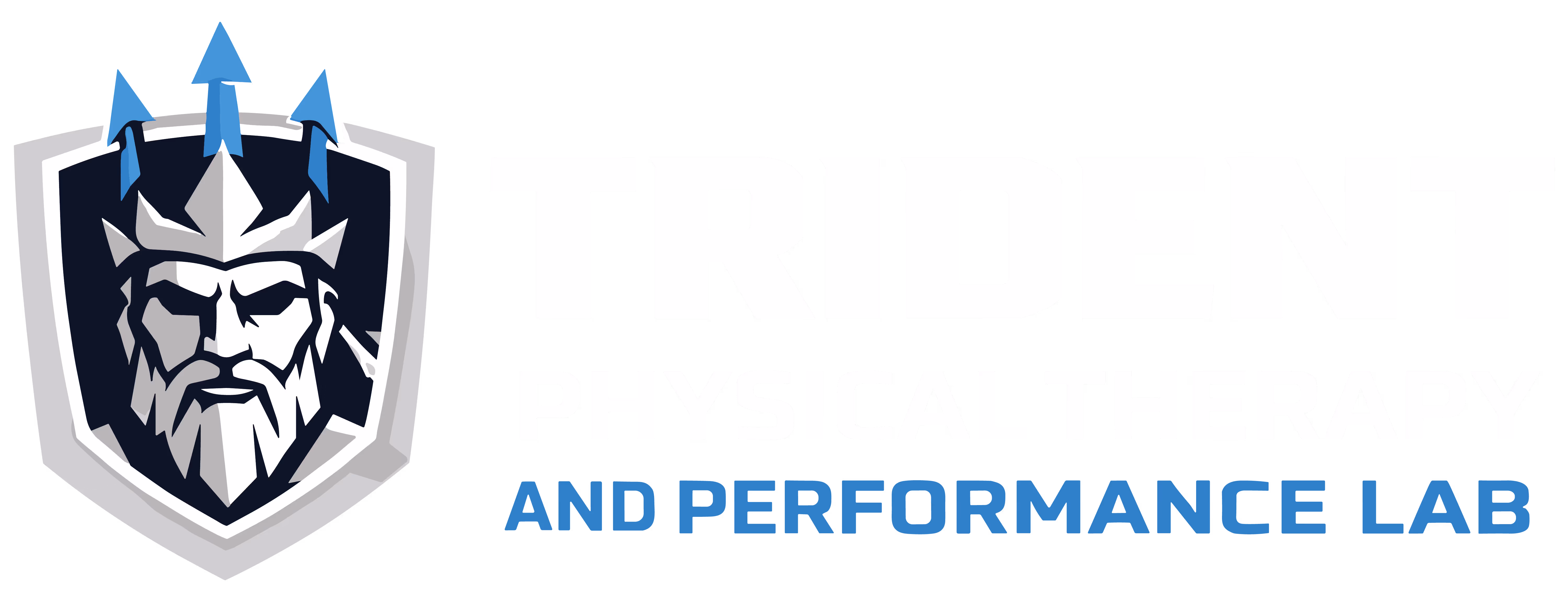 Logo featuring a bearded man's face with a crown of blue arrows inside a shield, next to the text 'TRIDENT PHYSICAL THERAPY AND PERFORMANCE LAB'.