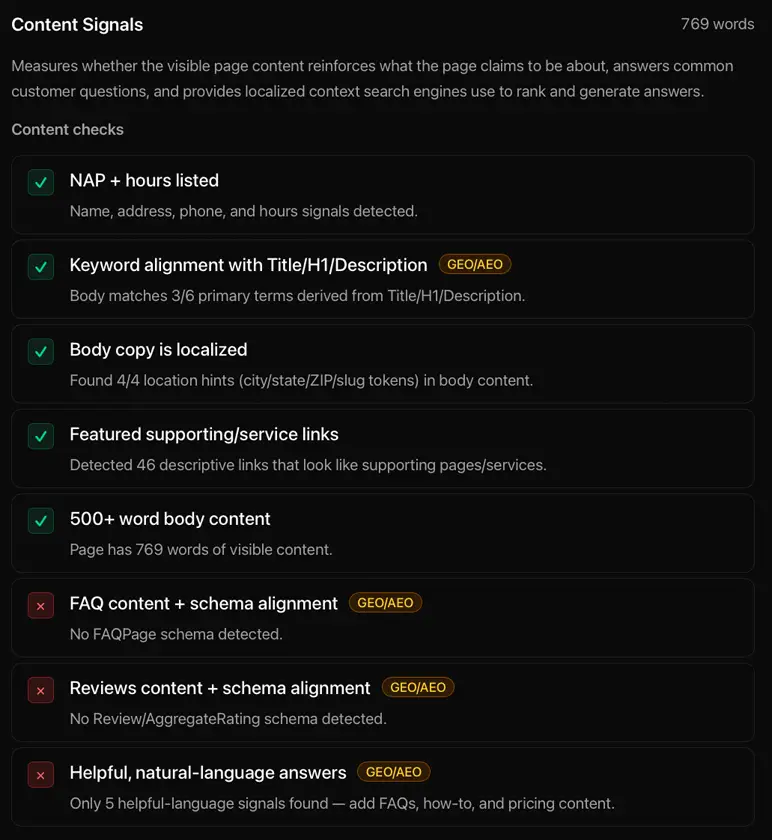 Local SEO on-page signals content checklist