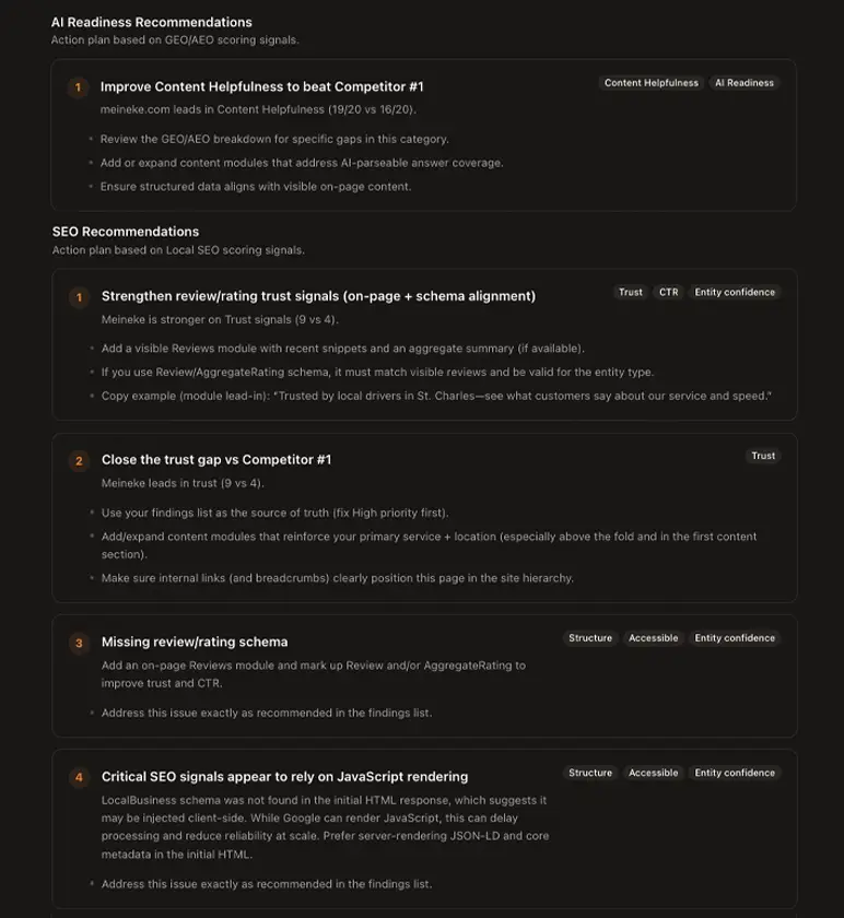 AI search readiness GEO and SEO recommendations