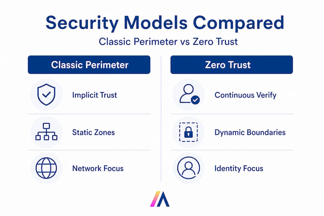 Infographic comparing classic security and zero trust models