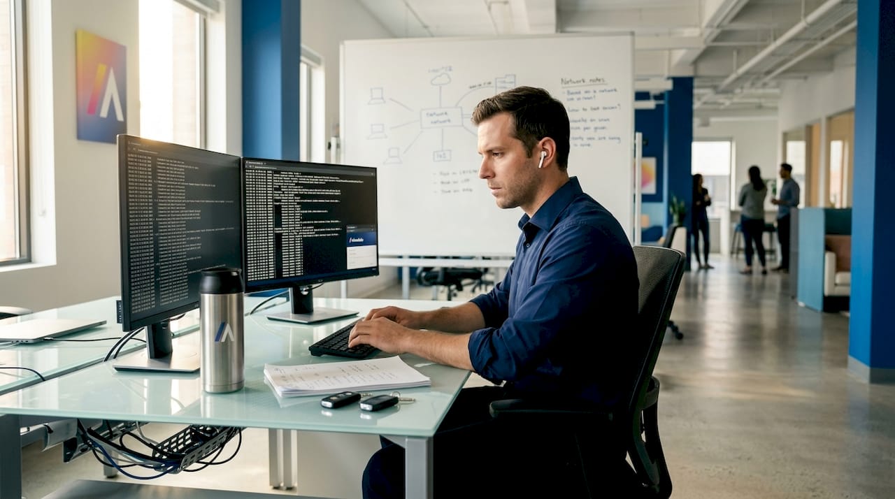 Security analyst reviewing system logs in office